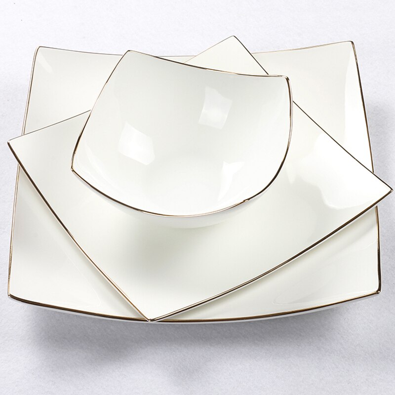 Juego de vajilla de porcelana blanca de , Plato cuadrado europeo de hueso, platos para carne, ensalada y sopa