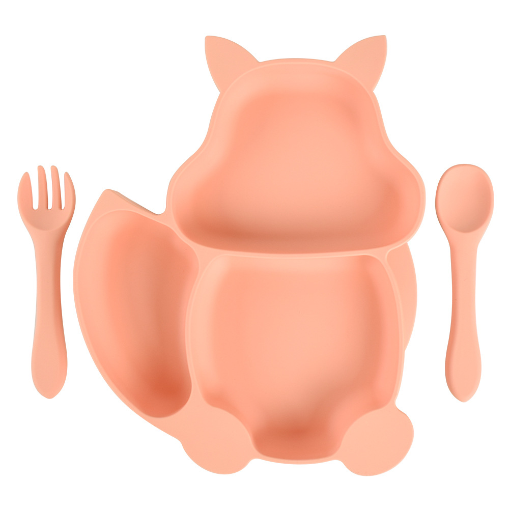 Baby Feeding Set Blue Silicone Suction Plate Squirrel Shape Self Feeding Training Stay Put Plate Soft Spoon Fork Dish Kit: 10