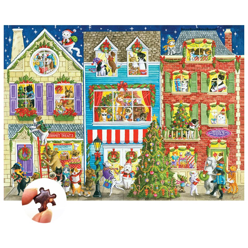 Christmas Pet Street Wooden Jigsaw Puzzle 1000 Pieces Manual Educational Toy for Children/Kids Small Crafts(52x38cm)