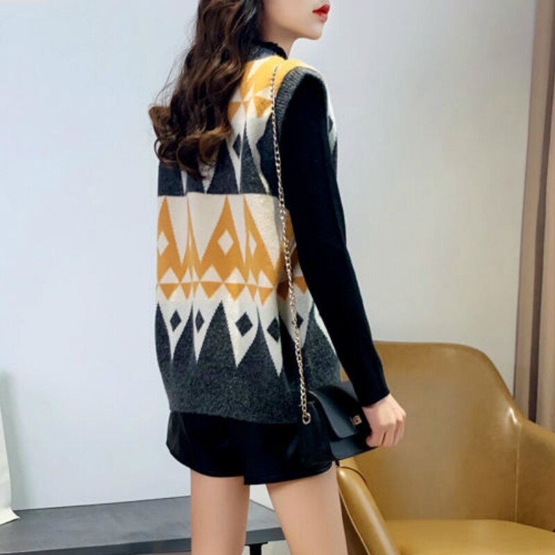Trui Vest Vrouwen Breien Geometrische Argyle Retro Herfst Koreaanse Stijl Dames Truien Winter Alle-Match Uitloper Tieners Losse