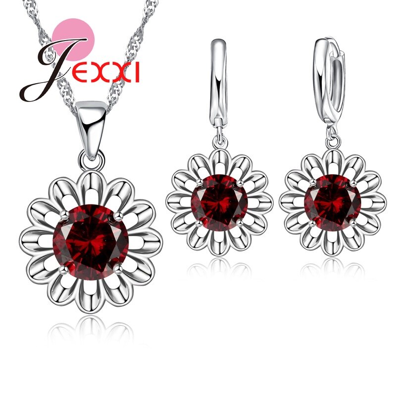 Zonnebloem Eeuwige Liefde 925 Sterling Zilveren Sieraden Set Voor Bruiloft Crystal Maxi Ketting Oorbellen Set Voor Vrouwen Bijoux: Red