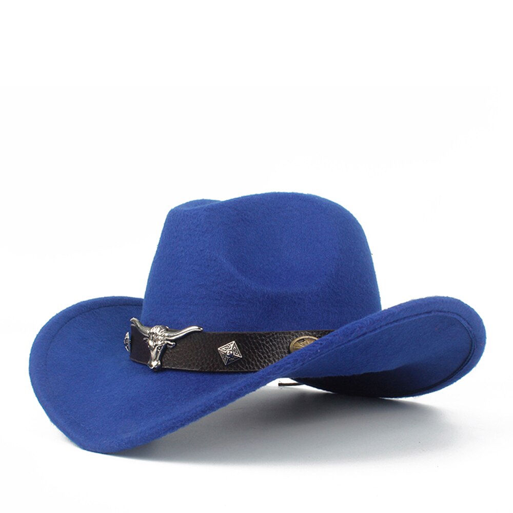 Barn barn ull ihålig western cowboyhatt roll-up brim pojke tjej svart sombrero hombre jazz keps storlek 52-54: Blå