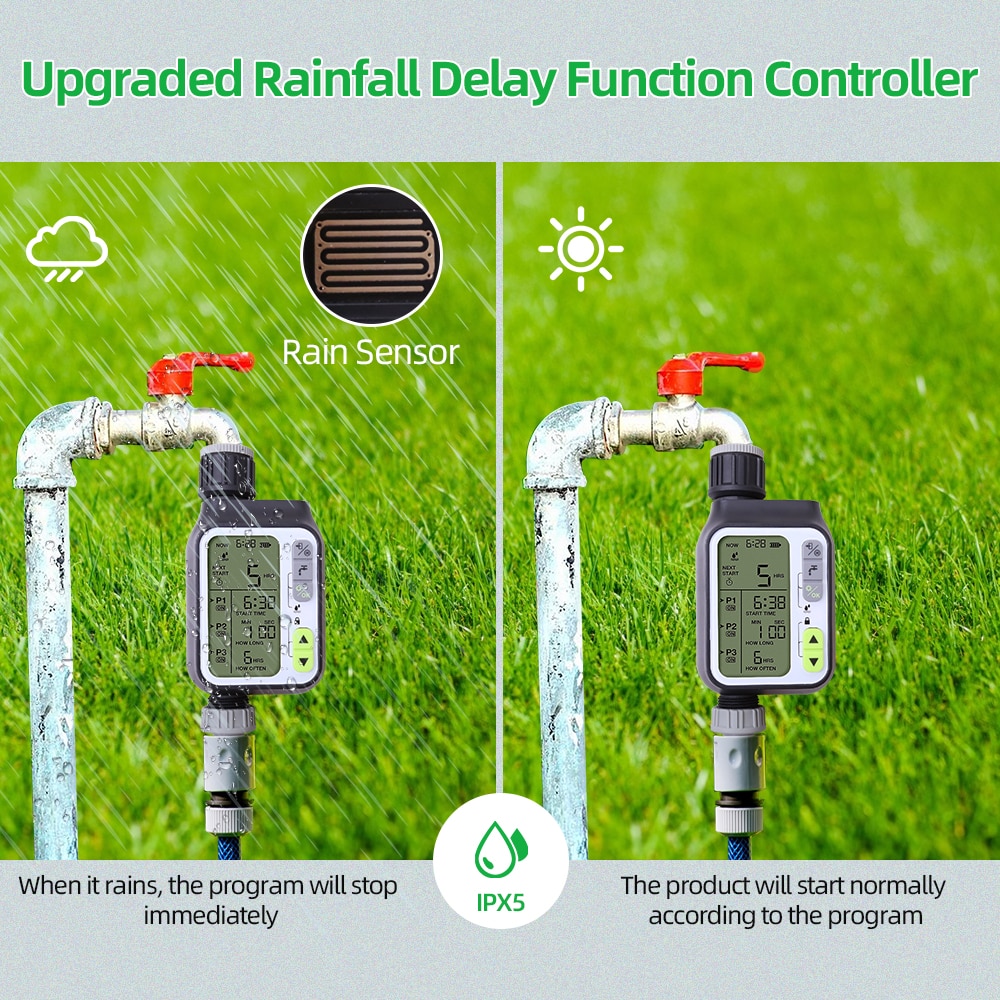 Temporizador de agua de riego automático para jardín, Sensor de lluvia para exteriores, 3 programas de riego separados, sistema de Control de riego