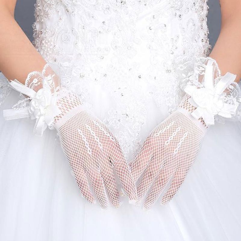 novia verano vestido de novia guantes de encaje Flores grandes corto con guantes de dedos guante hueco de malla