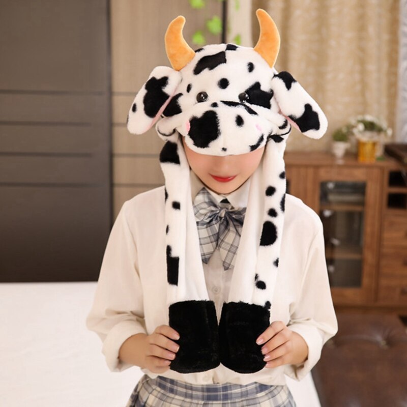 Plush Animal Hat Cow Ear Moving Jumping Hats Soft Warm Winter Headwear For Kids Girl Boy Cosplay Christmas Party Hat