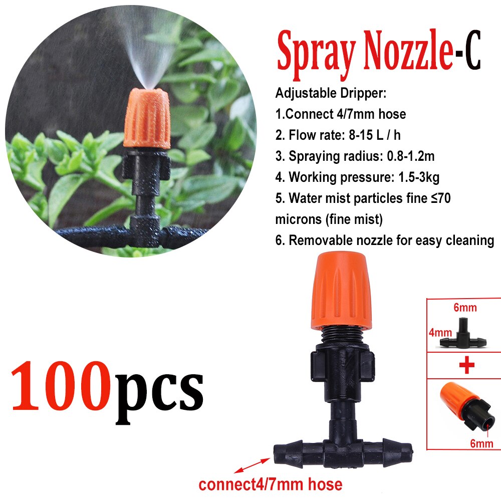 100pcs Spray Nozzle Farm Garden Micro Auto Drip Irrigation System Sprinkler Adjustable Atomizing Dripper Plant Self Watering: Nozzle-C-100PCS