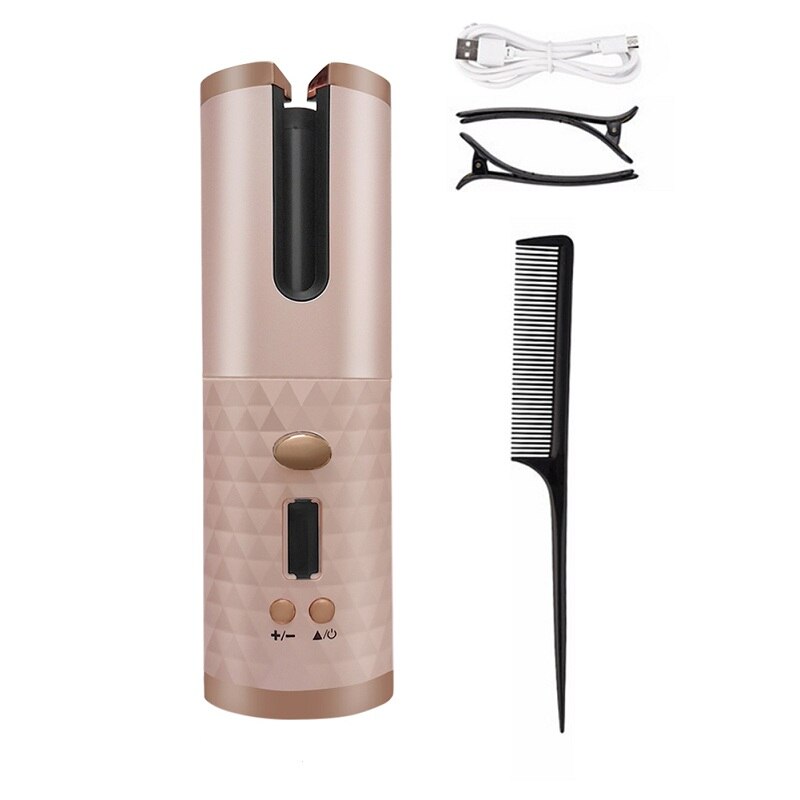 Portable Wireless Automatic Hair Curler Iron Curling Iron USB Rechargeable for LCD Display Ceramic Curler with 1 Comb+2pc Clips: Pink