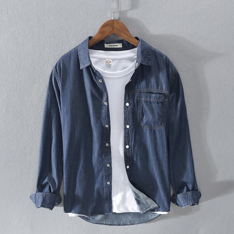 Wiosna jesień moda męska Solid Color z długim rękawem niebieska koszula dżinsowa męski Japan Style wysokiej jakości prosty Casual Slim Fit Top bawełniany: navy blue / XXL