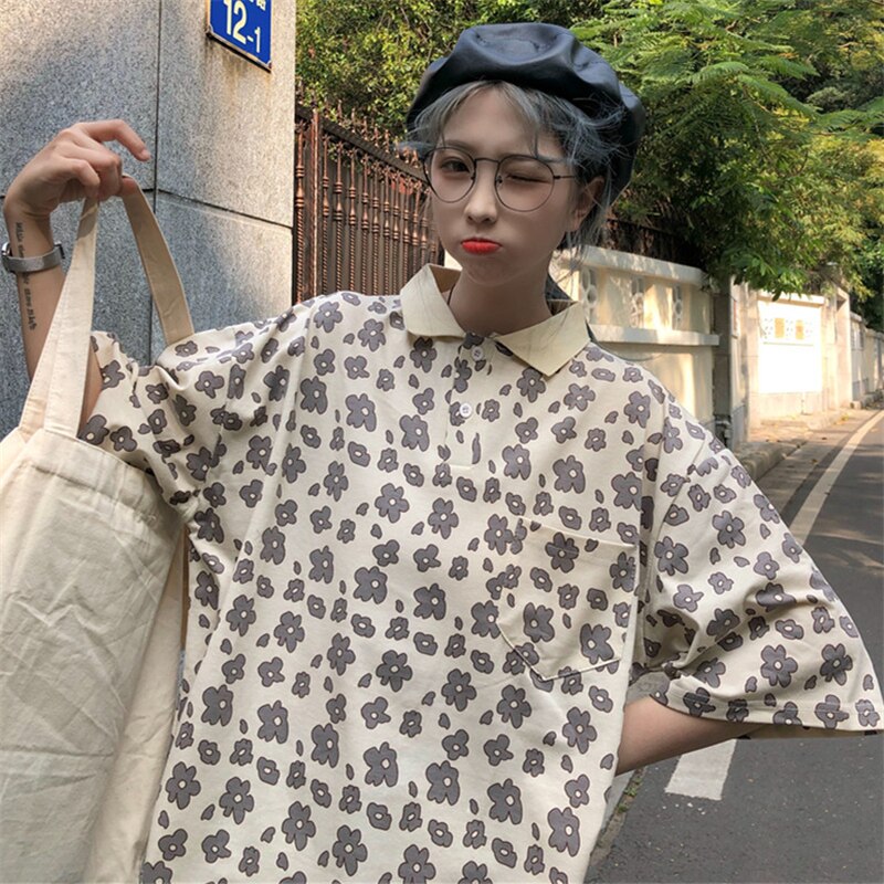 Polos japonais oversize pour femmes, bleu et jaune, manches courtes, ample, imprimé cœur, été,  l0735