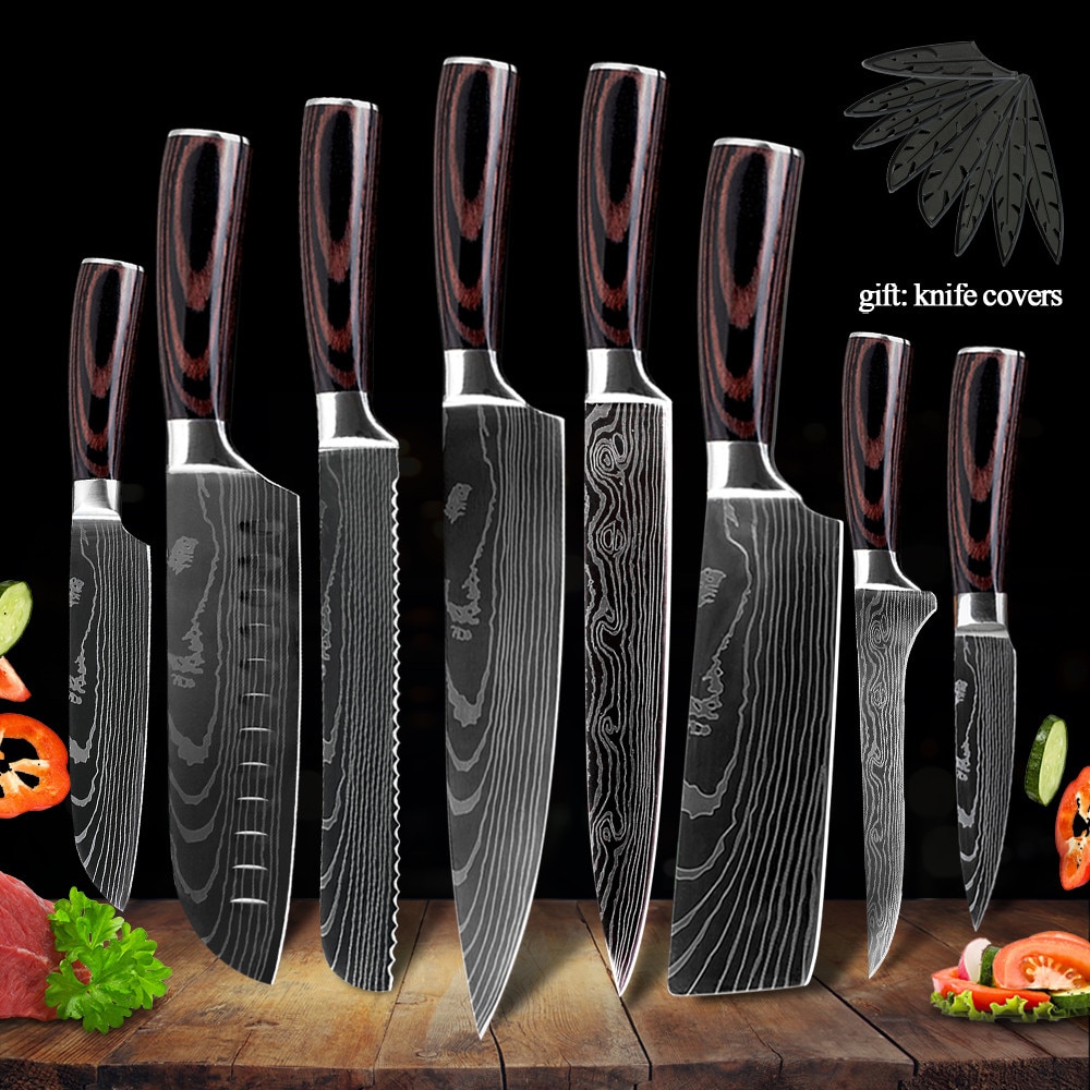 Stainless Steel Chef Knife Set with Knife Cover Case Sheath 8 Pcs Cleaver Slicing Damascus Veins Survive Kitchen Knives Set