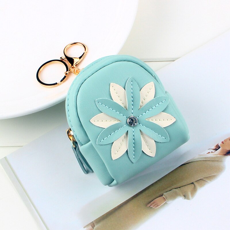 Fudeam pequena bolsa de couro flor bolsa de moeda feminina moda mini bonito chaveiro zíper carteira de moeda batom cabo usb fone de ouvido saco: Blue