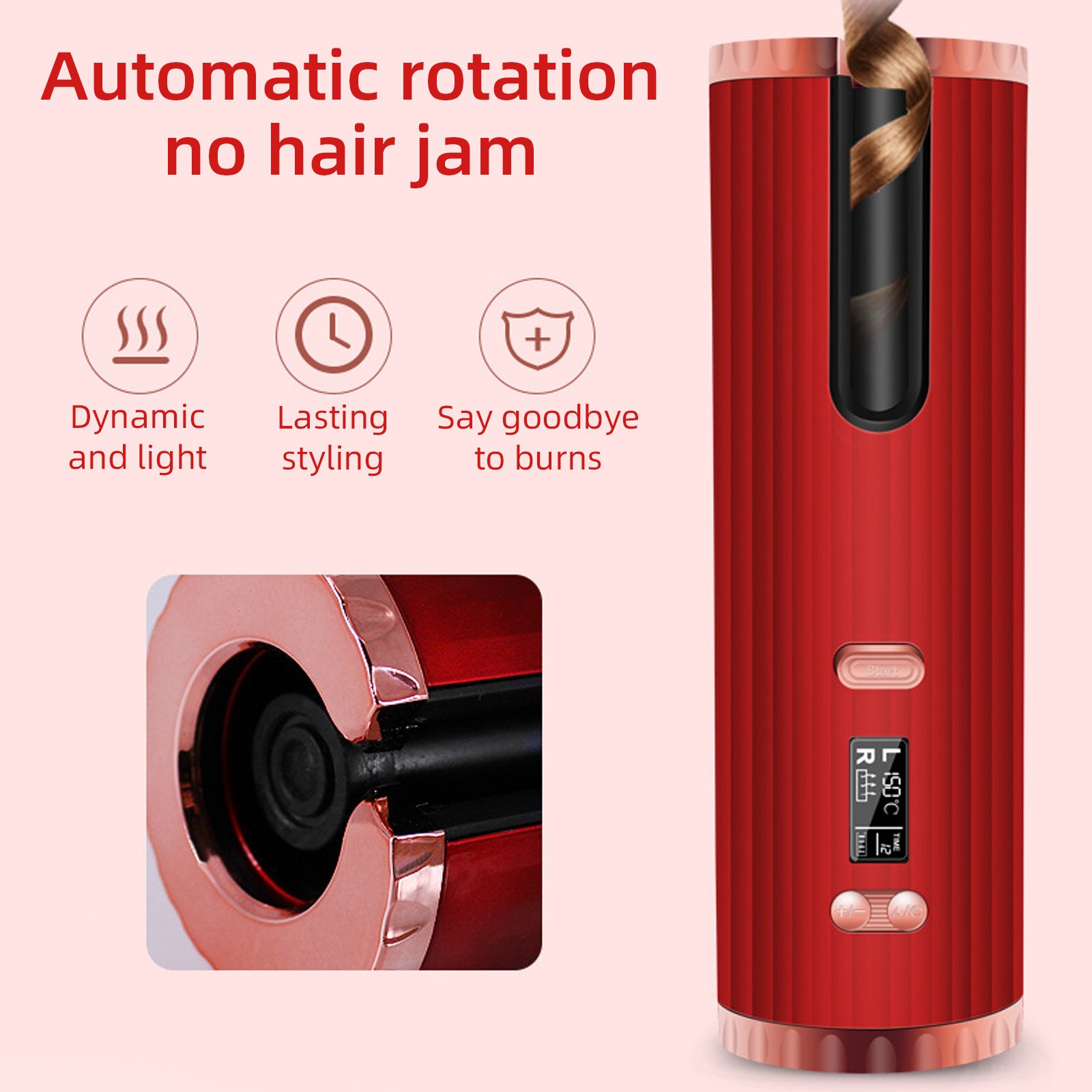 Cordless Automatic Hair Curler Portable Rechargeable Hair Curling Wand Roller Iron with 3 Temperature Settings Timer LCD Display