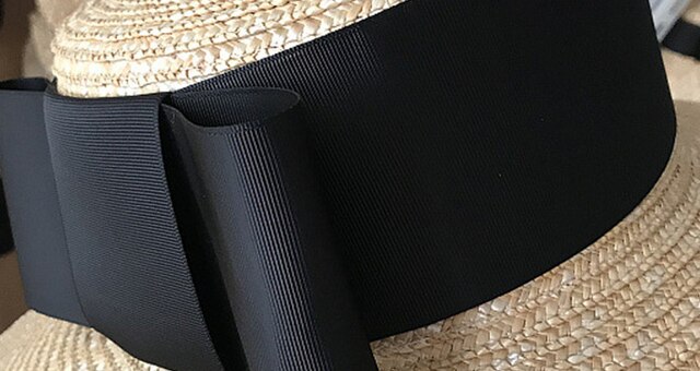 Sombrero de paja con lazo hecho a mano para mujer, gorro largo con lazo para playa, vacaciones, ocio, 01905: Negro