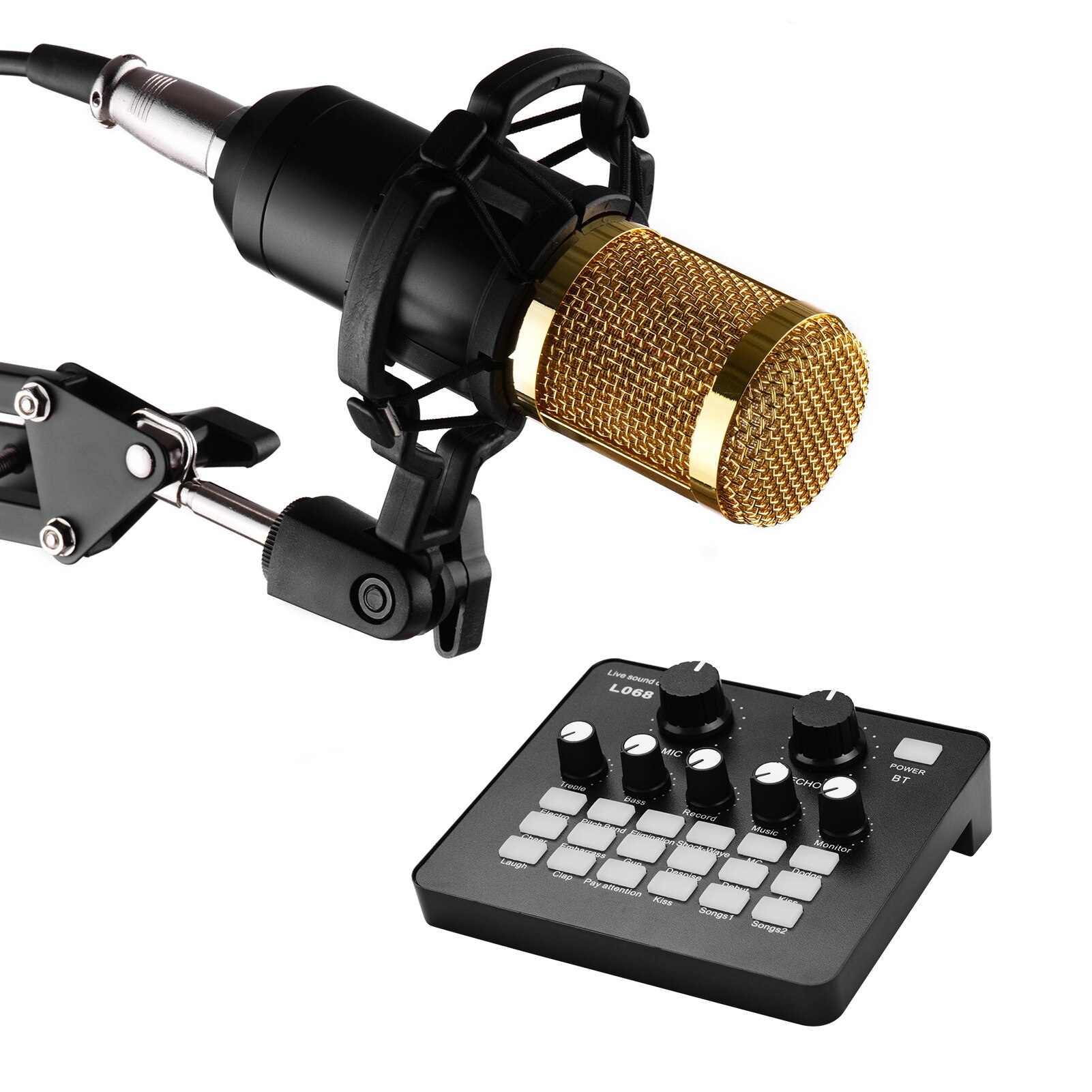 Professionele Broadcasting Studio Recording Condensator Microfoon Kit Met Geluidskaart + Mic Voorruit + Shock Mount + Schorsing