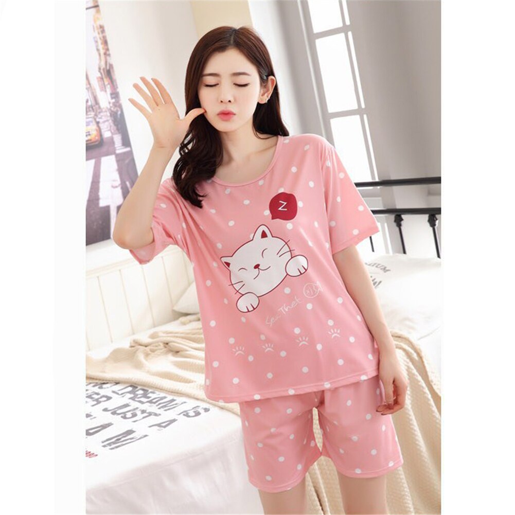 Summer Women Pajamas Set Summer Sleep Wear Set Cute Short Sleeve Pajamas Suit Shorts Nightwear Cotton Sleeping Cat Pink 2XL