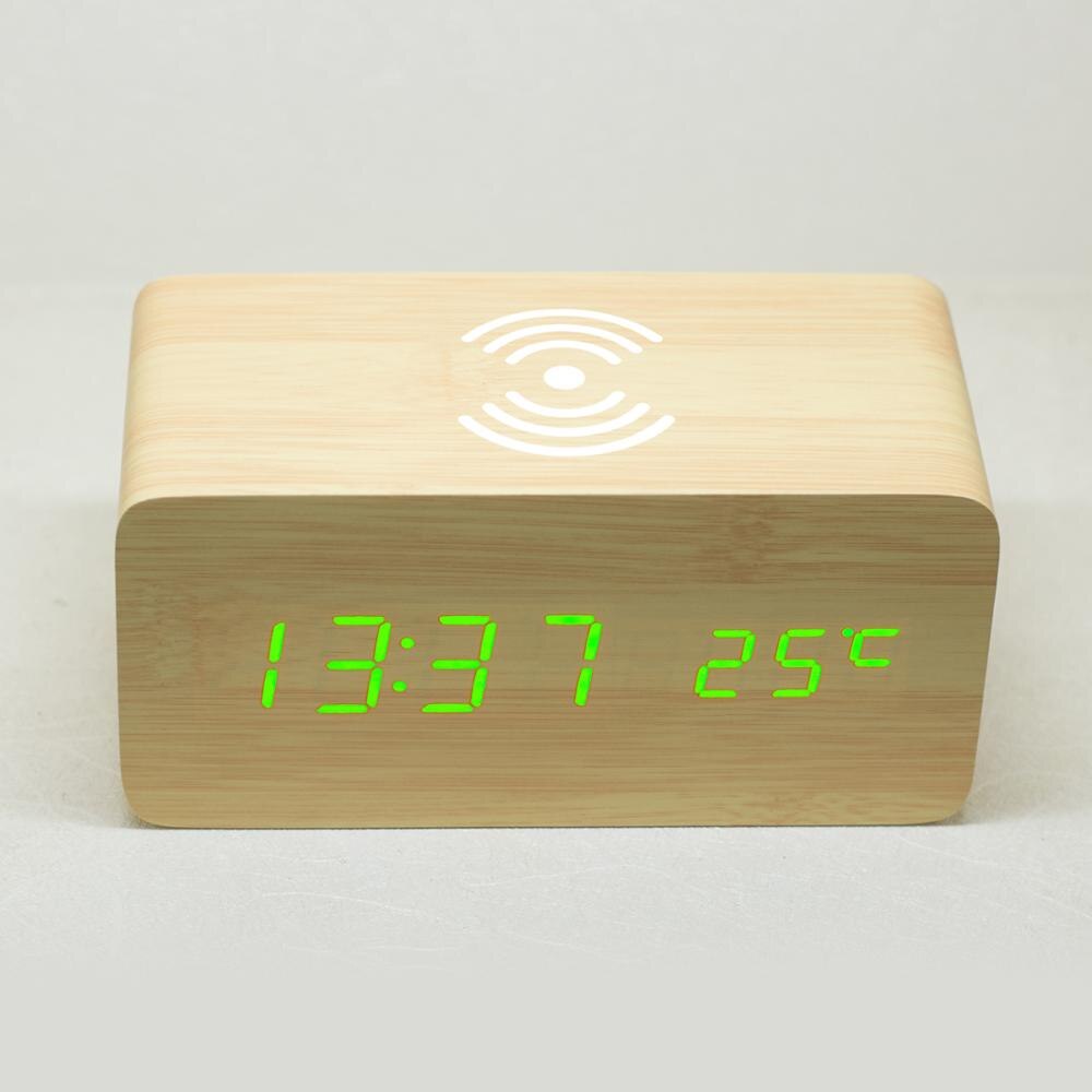 Wooden LED Electric Digital Alarm Clock Multifunctional Thermometer Clock Mobile phone Wireless Charging Clock: 1