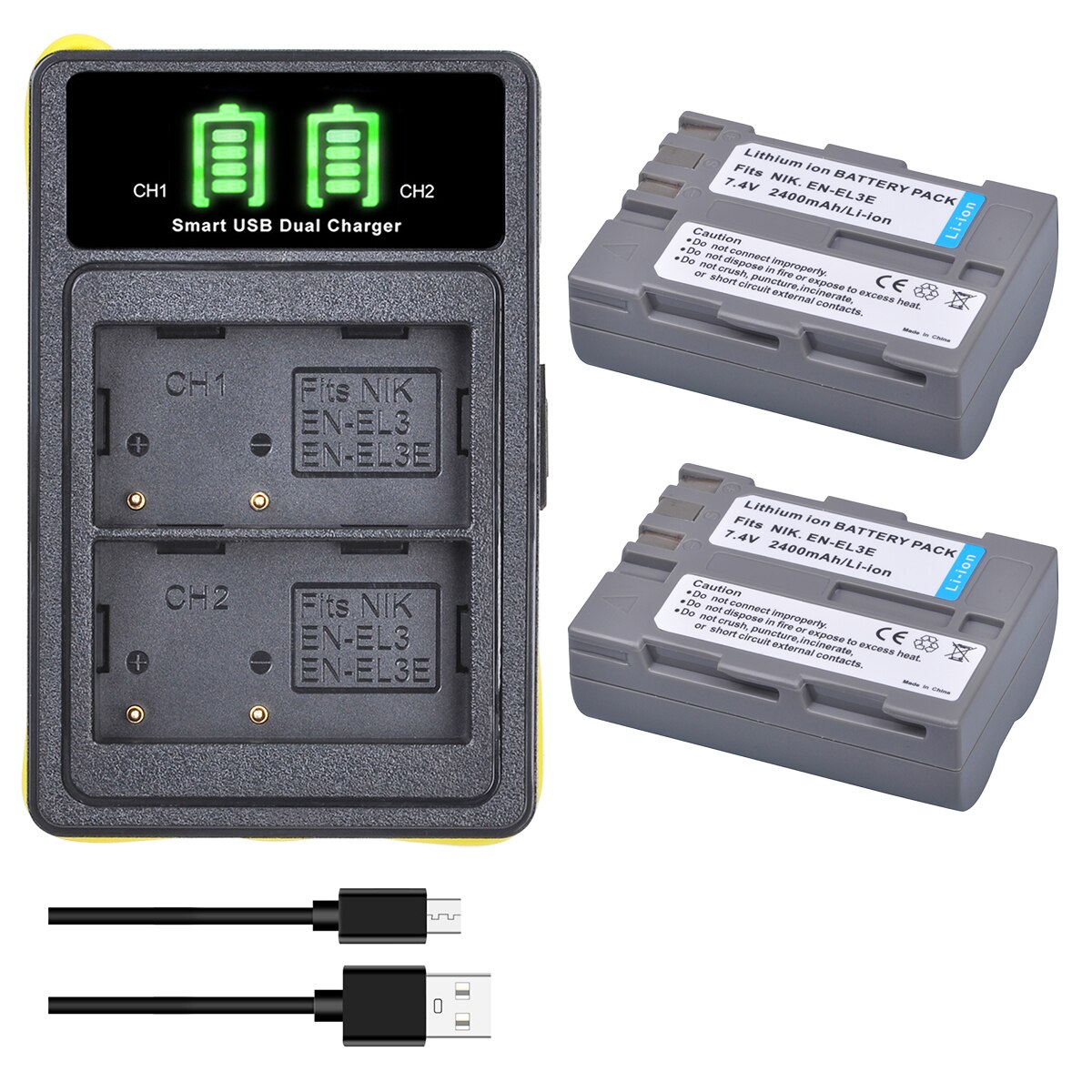 Batteries et chargeur pour Nikon, 2x2400mAh, pour modèles EL3e, EL3E, D30, D50, D70, D70S, D90, D80, D100, D200, D300, D300S: 2Battery and charger