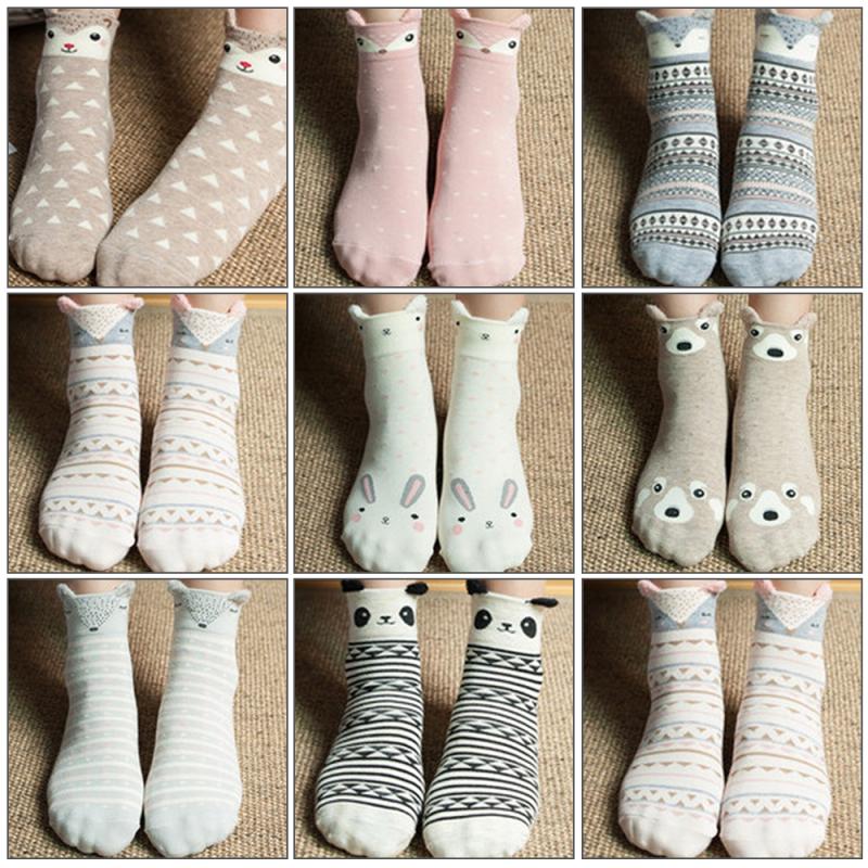 Cute Panda/Rabbit Stereo Ear Cartoon Cotton Socks Women Animals Cat Character Funny Kawaii Meias