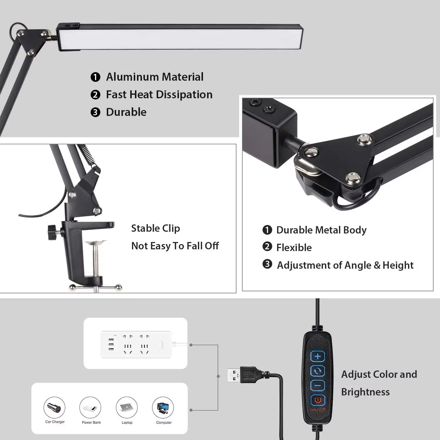 Led-bureaulamp, verstelbare bureaulamp met metalen zwenkarm en klem, oogvriendelijke bureaulamp voor architecten, ,3 kleurmodi met geheugenfunctie