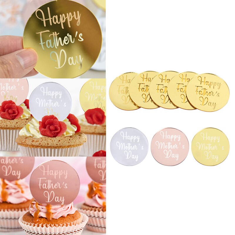 10Pcs Gelukkige Moederdag Cupcake Topper Spiegel Ronde Acryl Verjaardag Vaderdag Cake Dessert Bakken Party Decoratie Benodigdheden