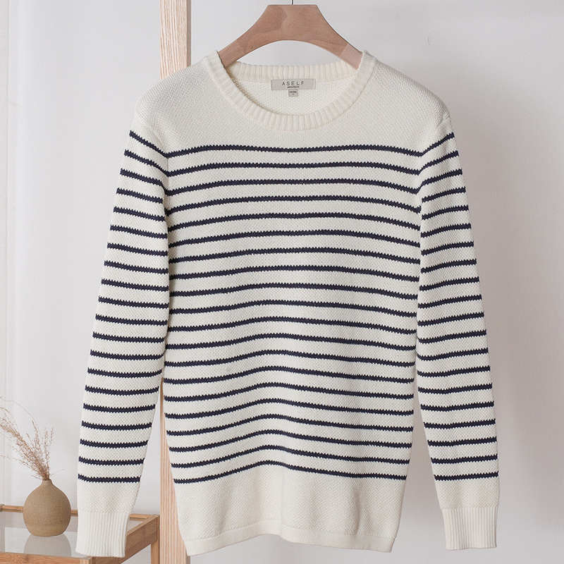 METERSBONWE Winter Men Sweaters Round Neck Striped Sweater: white / XL