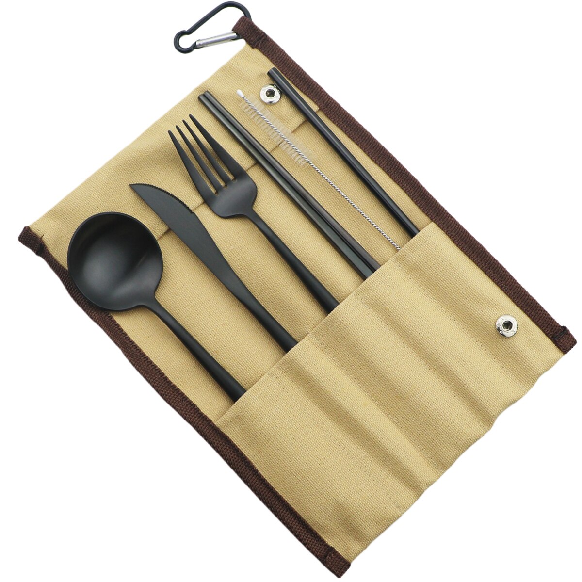Rainbow Knife Fork Spoon Chopsticks Straw Set Portable Flatware Metal Travel Storage Cutlery Set Picnics Offices BBQ Accessories: Beige A Bag Black