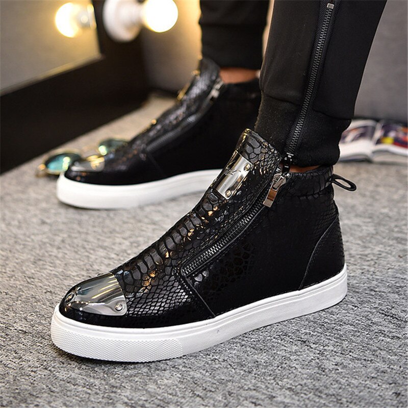 Mens Snake skin Grain Boots Zipper Casual Outdoor High-Top Shoes Man Metal Toe Boots Men's Slip-On Party Driving Boot