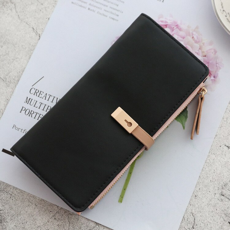 Korean Mori Ladies Thin Wallet Long Multi-function PU Wallet Simple Card Holder Zipper Buckle Coin Purse Clutch: Black