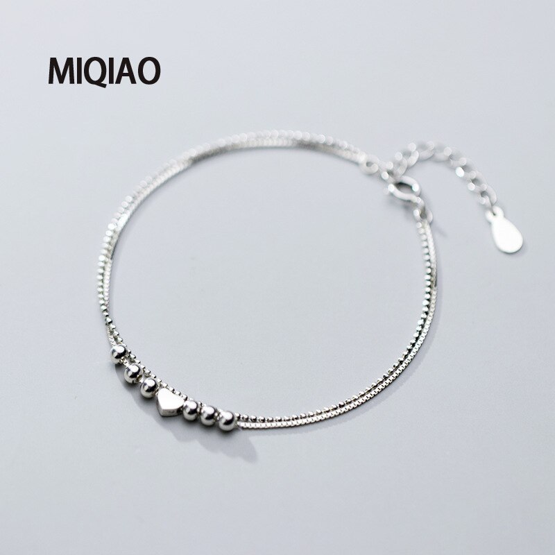 MIQIAO bracciale a cuore per gamba argento coreano 925 gioielli donna cavigliera ornamento piede femminile doppio strato scatola perlina catena regalo d&#39;amore