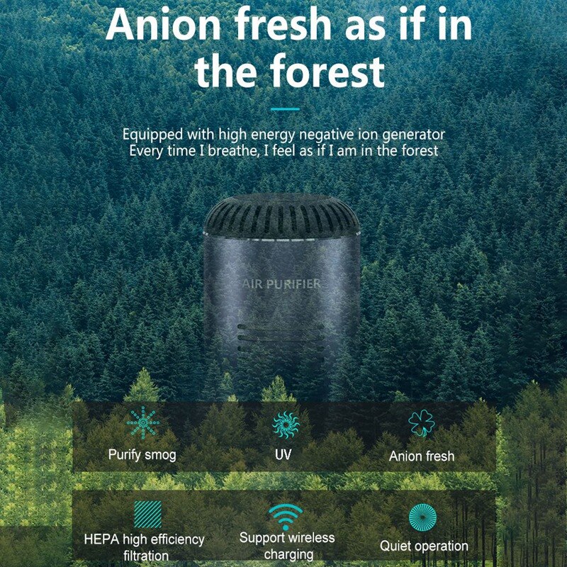 Car Air Purifier with HEPA Filter Portable Cleaning Negative Ions Cleaning Support Wireless Charging