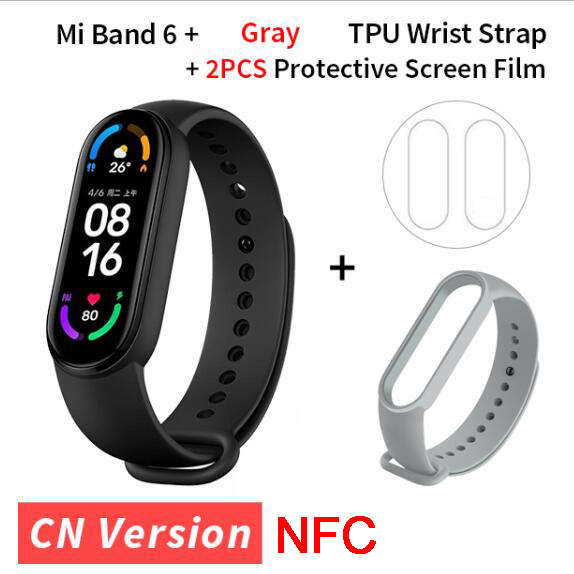 Xiaomi-pulsera inteligente Mi Band 6, accesorio deportivo resistente al agua hasta 5atm, con Pantalla AMOLED de 1,56 pulgadas, control del ritmo cardíaco, Bluetooth y NFC: gray strap film