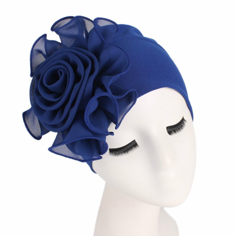 Vrouw Mooie Bloem Tulband Elastische Doek Hoofd Cap Hoed Moslim Vrouwen Hijaabs Dames Haar Accessoires Sjaal Cap: Blauw