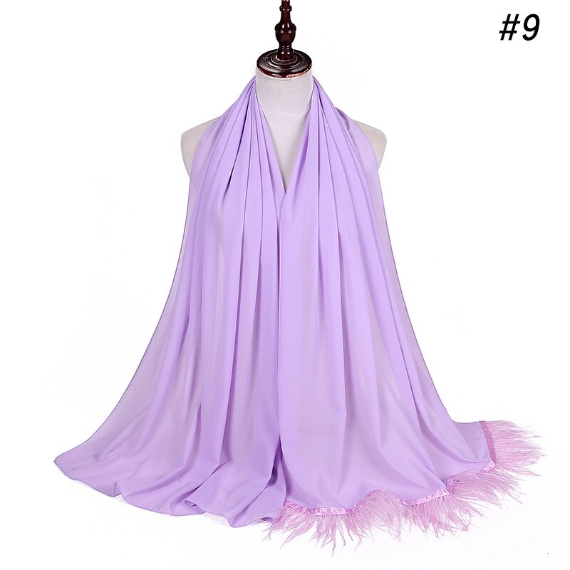 Trend Feather Hijabs Turban Chiffon Single-Side Short Feather Stitching Scarf Long Shawl For Muslim Women Headscarf: 9 light purple