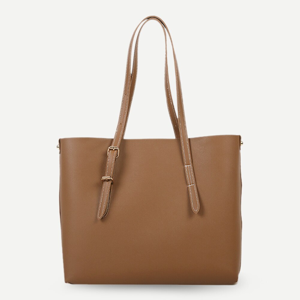 2 pièces/ensemble couleur unie PU sac à main femmes grande capacité décontracté dame épaule embrayage exquis sac à provisions: Marron clair
