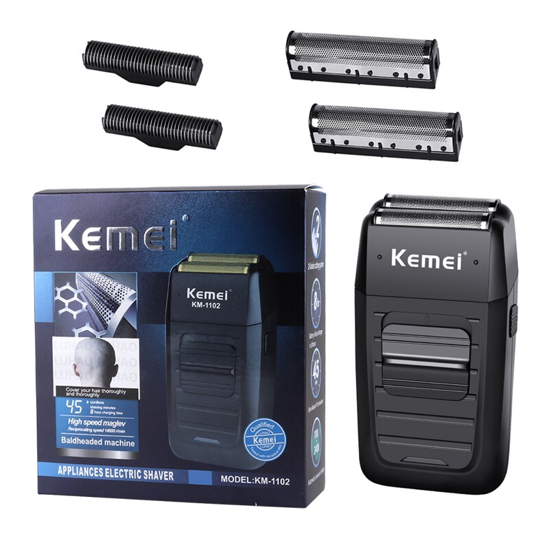 Kemei KM-1102 Cordless Shaver for Men Dual Blades Beard Trimmer Reciprocating Bald Headed Razors Rechargeable Haircut Machine: with box and blade