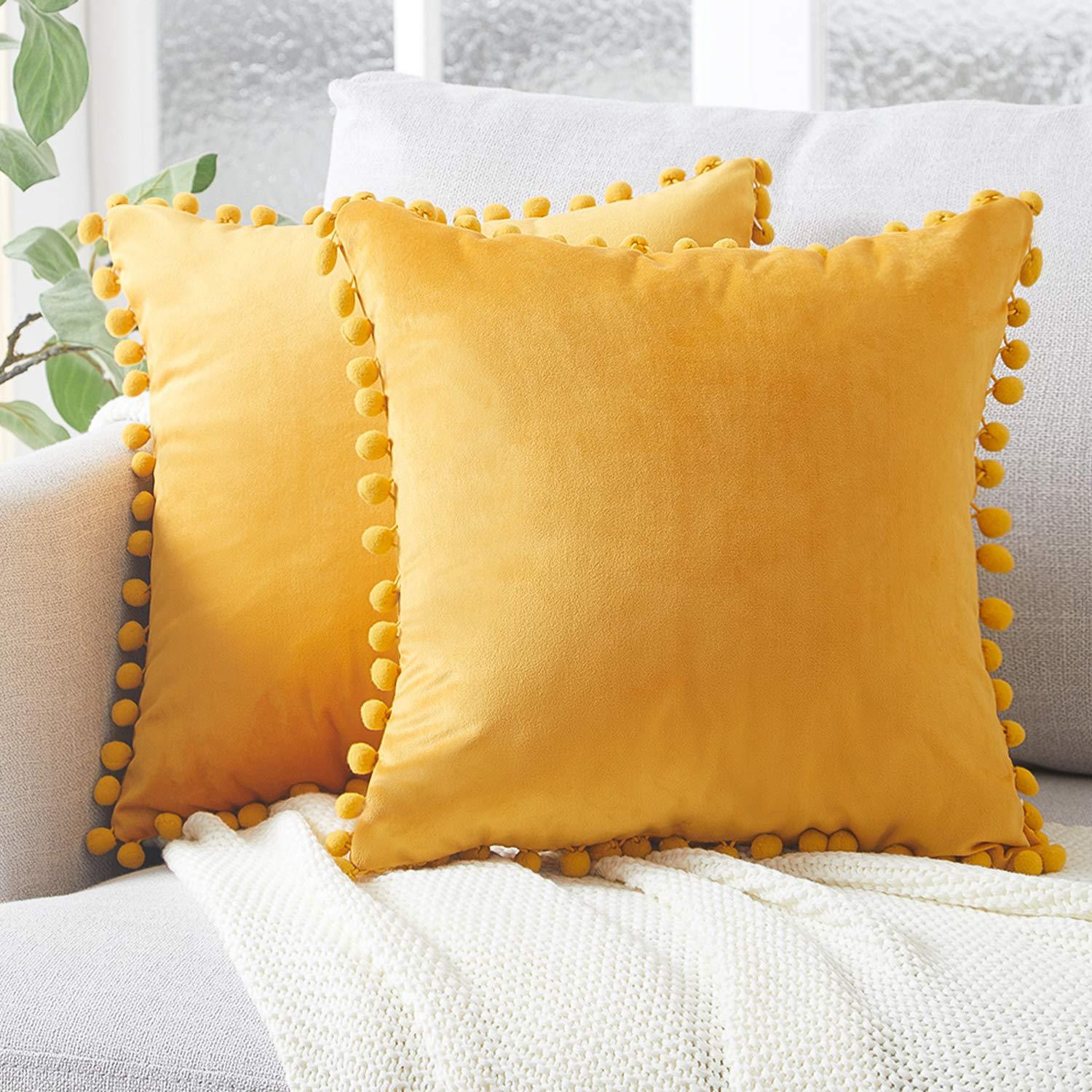 Vihreä sininen harmaa vaaleanpunainen massiivi sametti koriste tyynyliina pehmeä sametti tyynynpäällinen pompom pallo sohvatyynynpäällinen 30 x 50cm: Keltainen / 1 kpl 300-500mm