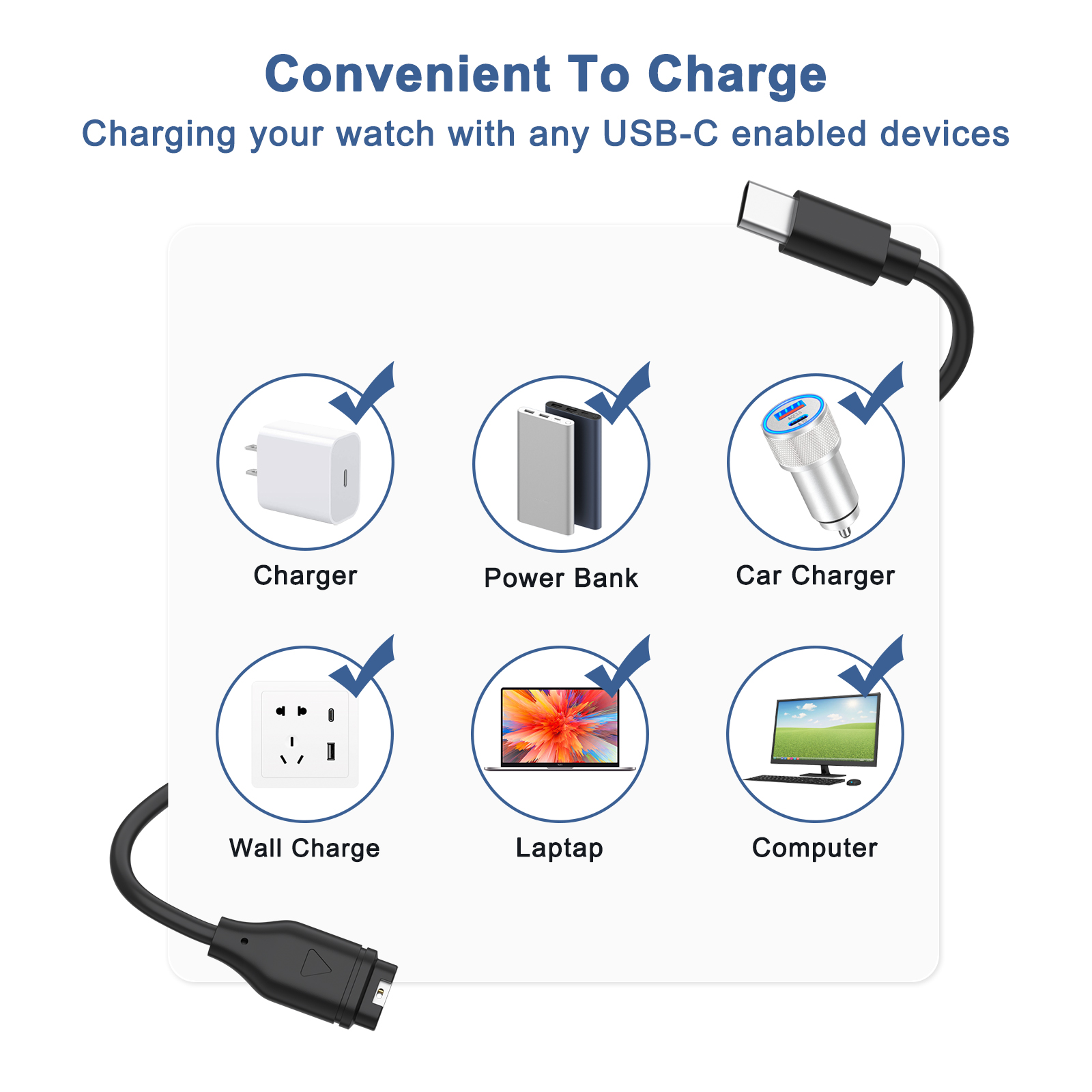 Type C Watch Charger Cable for Garmin Venu2/VenuSq2/3/3S Fenix 5/6/7 Vivoactive4/4S/3 Fast Charging Cord For Forerunner 965/266