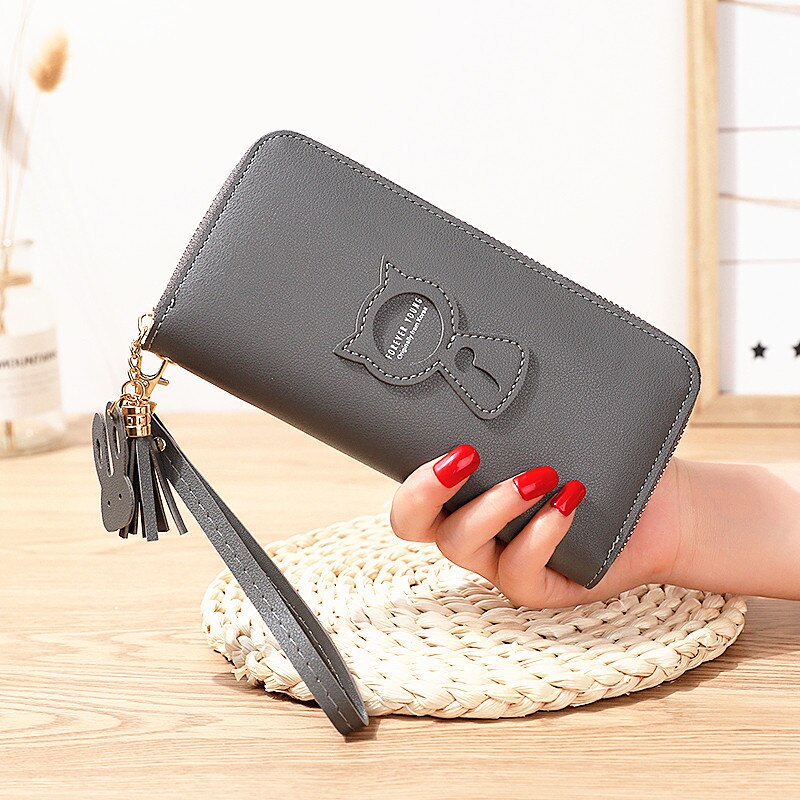 Women Wallet PU Leather Card Holder Coin Purses Zipper Long Female Wallet Cat Applique Cellphone Bag Lady: L2