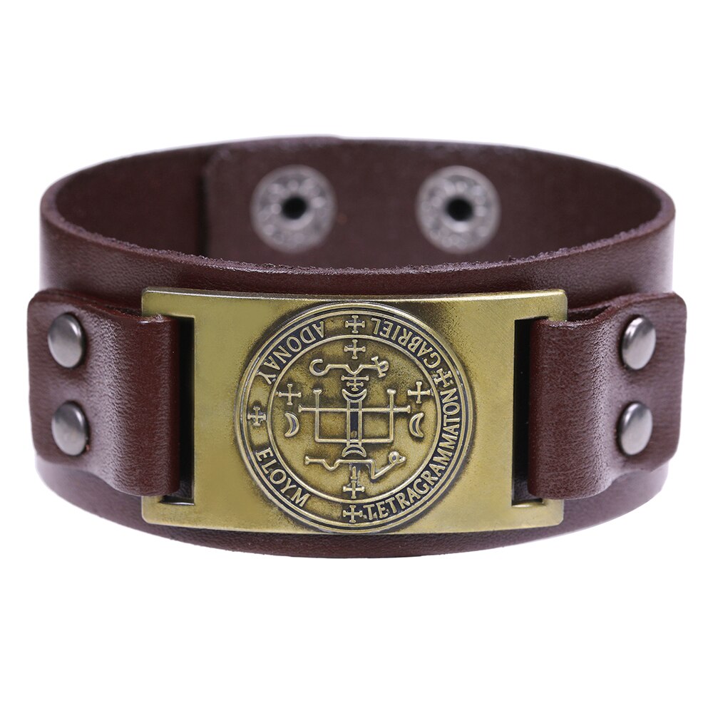 Skyrim Sigil Van Aartsengel Viking Brede Leren Armband Michael Raphael Talisman Vintage Angel Gothic Vermogen Bangles Man Sieraden: brown-bronze