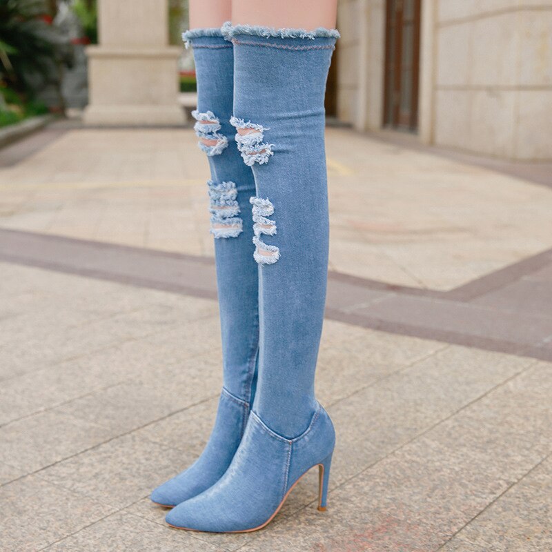 Denim lange støvler kvinder lår spidse støvletter forår vinter høje hæle kvinde sko dame tynde hæle kvast jeans støvler