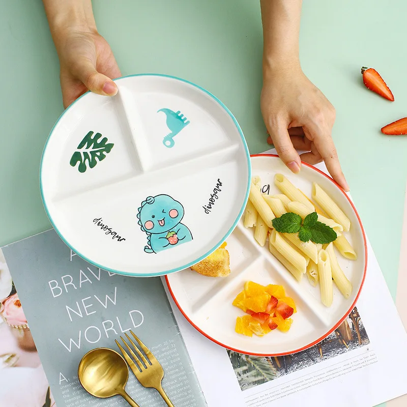 Children's Tableware Cartoon Ceramic Grid Plate for One Person Breakfast Plate Divider Plate Ceramic Dish Serving Platter