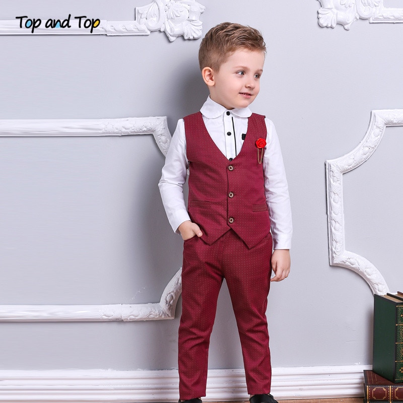 Top and Top Boy Clothes Set Boys Formal Suits Cotton Bow Tie Long Sleeve Shirt+Vest+Trousers 3Pcs Kids Gentleman Outfit
