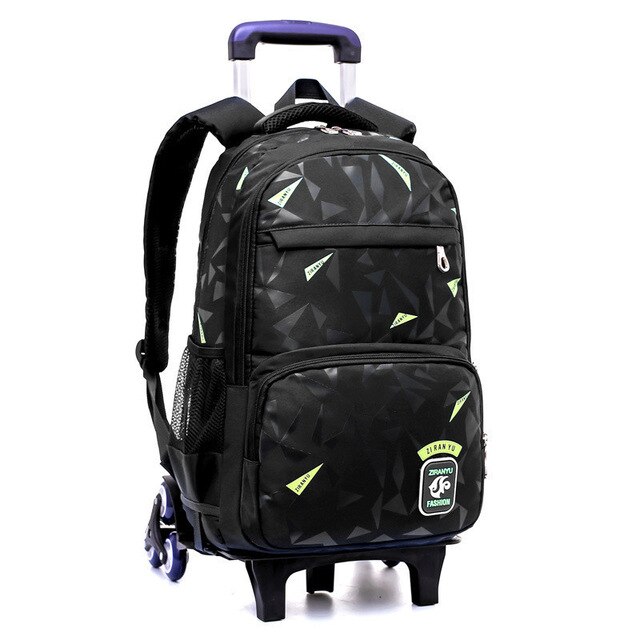 Jongens meisjes trolley schooltas bagage boekentassen waterdichte afneembare kinderschooltassen met 2/6 wielen trap kindertas: Zwart groen 6 wielen