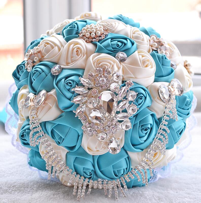 JaneVini Flores Boda Royal Blue Wedding Bridal Bouquet Luxury Crystal Beaded Bride Flower Bouquet Sposa Rhinestones Satin Brooch: Photo Color 2