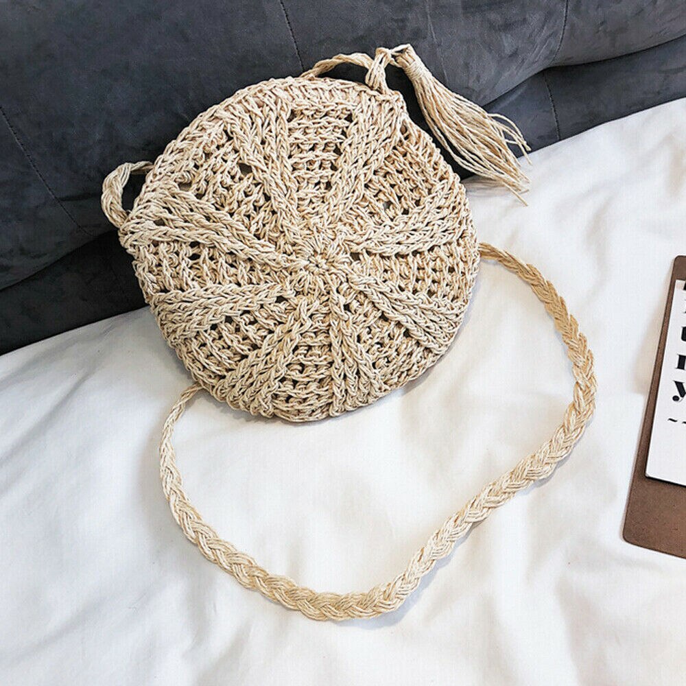 Bolso cruzado Circular de mimbre y mimbre para mujer, bolsa de mano Vintage con borlas, tejido de paja para playa y verano,