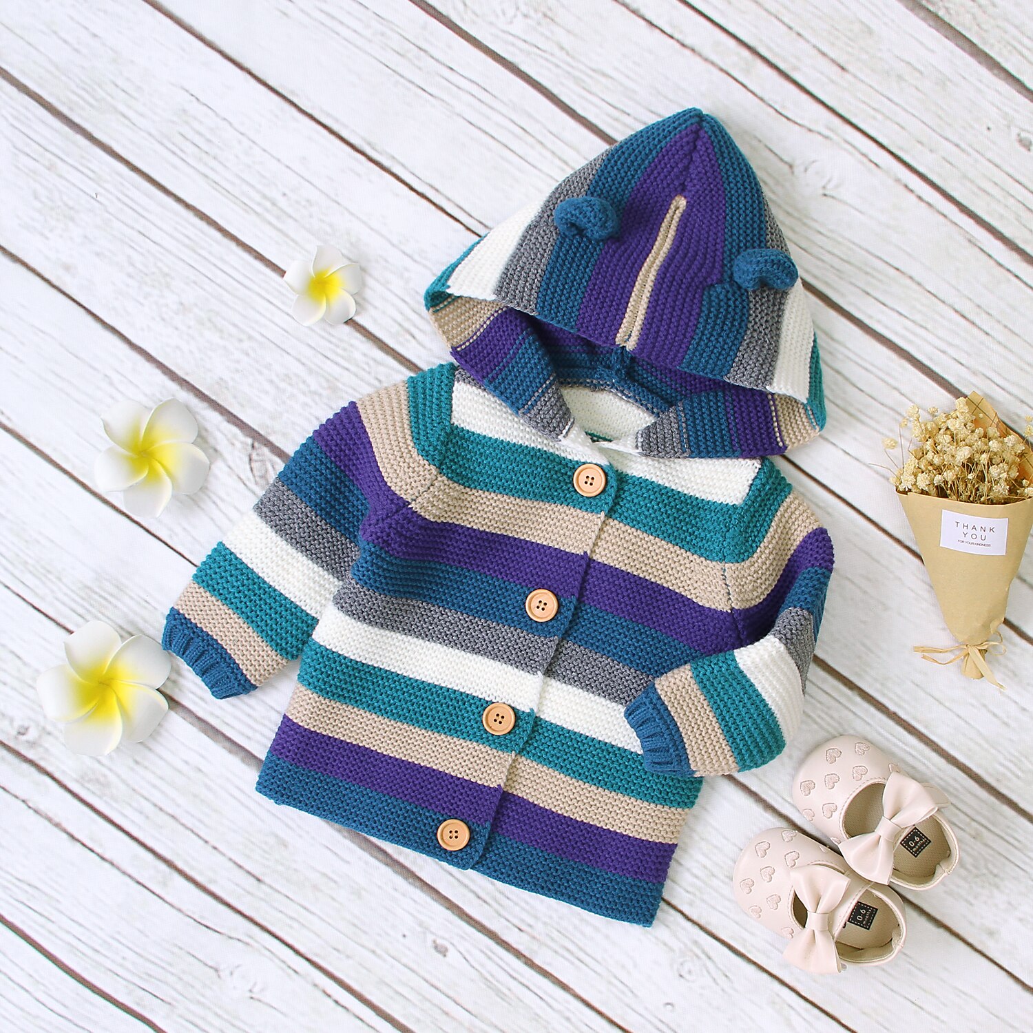 Automne tricoté Cardigan garçons filles doux Style mixte couleur rayure à manches longues simple boutonnage Outwear décontracté à capuche haut 3-24M