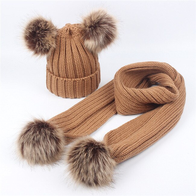Conjunto de bufanda y gorro para niños y niñas, doble pompón de piel sintética, cálido, tejido, largo, Invierno: khaki