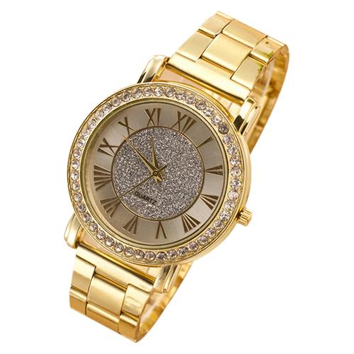 Luxe Mannen Quartz Horloge Retro Gouden Kleur Shiny Rhinestone Legering Band Analoge Quartz Horloge Klok Feminino