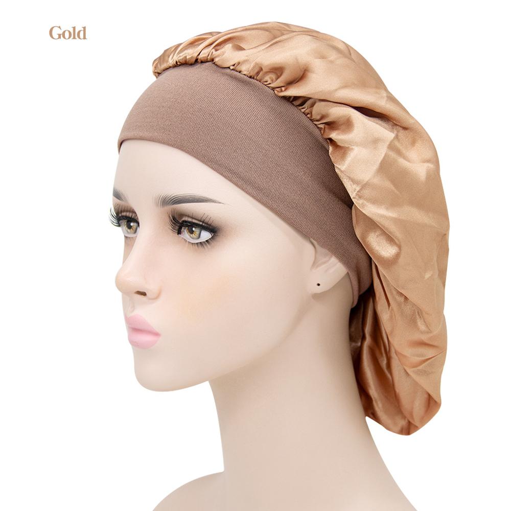 Gorro de descanso de ala ancha de satén para mujer, gorro de dormir para el cuidado del cabello, gorro de noche, Unisex, gorro de ducha, envoltura de cabeza de seda: golden