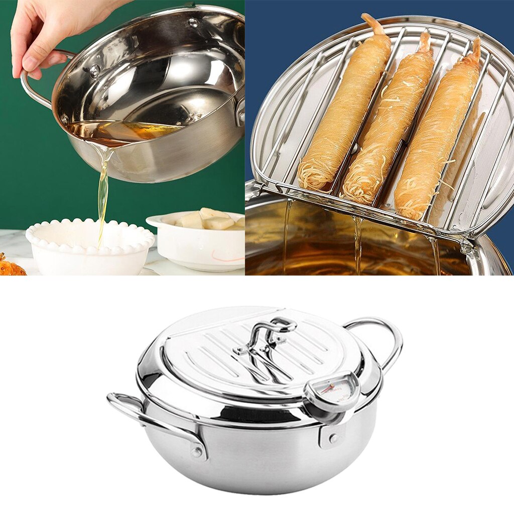 Deep Frying Pan with thermometer Japanese Tempura Fryer Pot Drainage Frying Pan